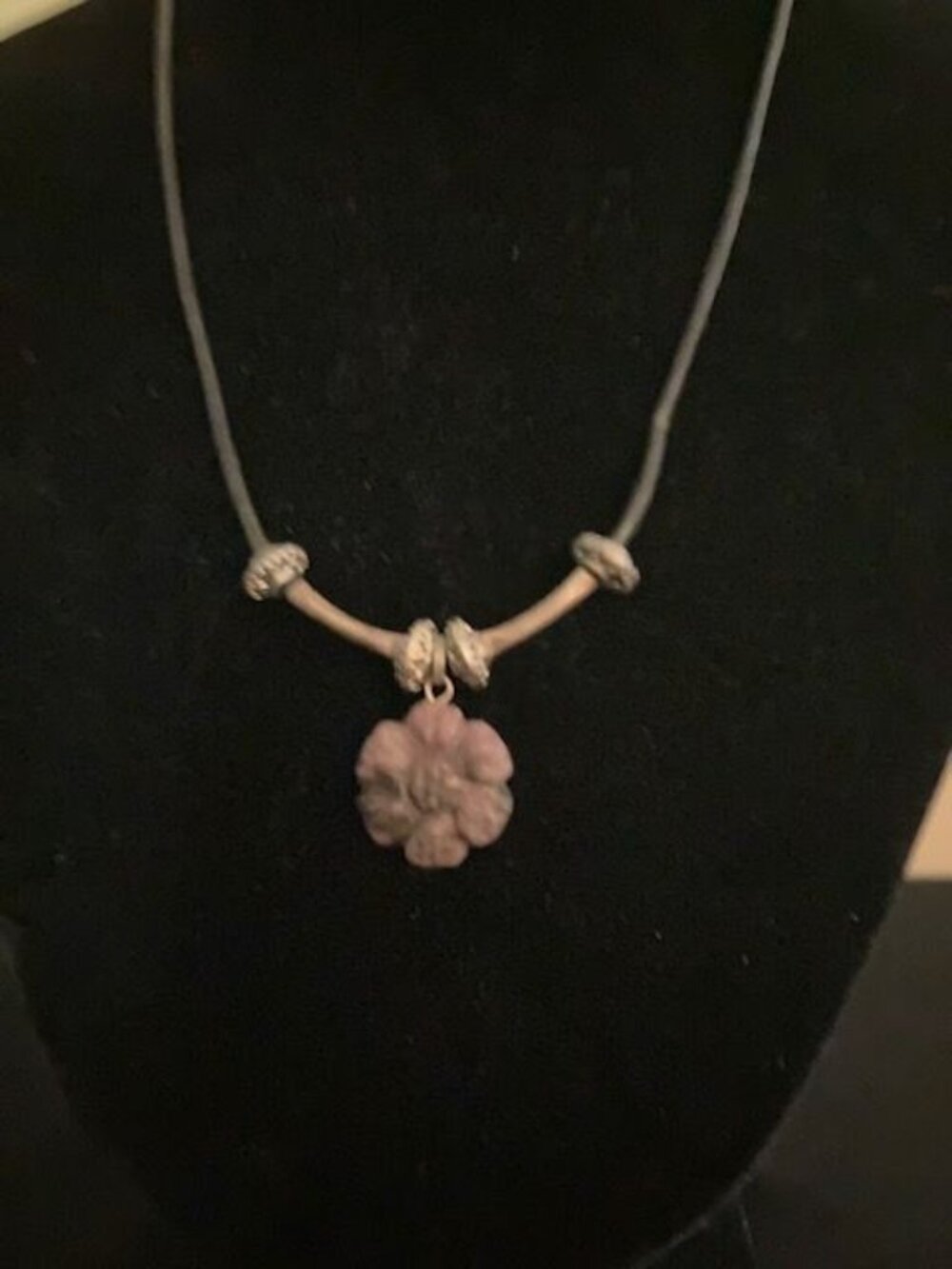 Purple Stone Daisy Pendant on Black Cord Necklace